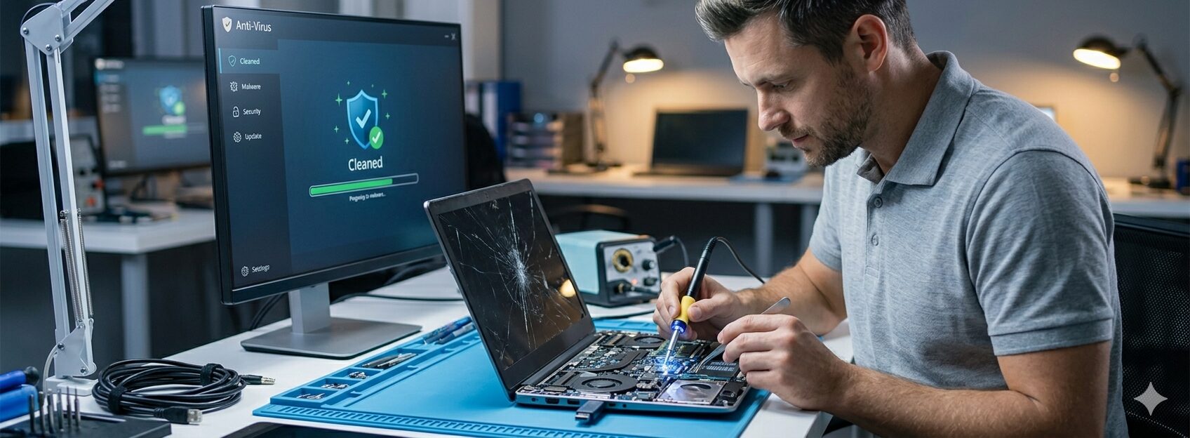 Réparation informatique physique : technicien microsoudant un ordinateur portable et nettoyage logiciel antivirus.