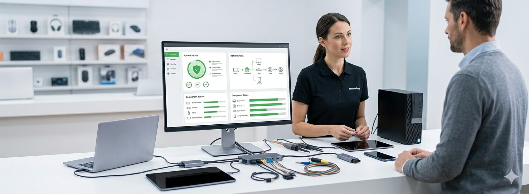 Service de diagnostic informatique rapide : ingénieur Odtek analysant un tableau de bord de santé réseau et matériel pour un client.