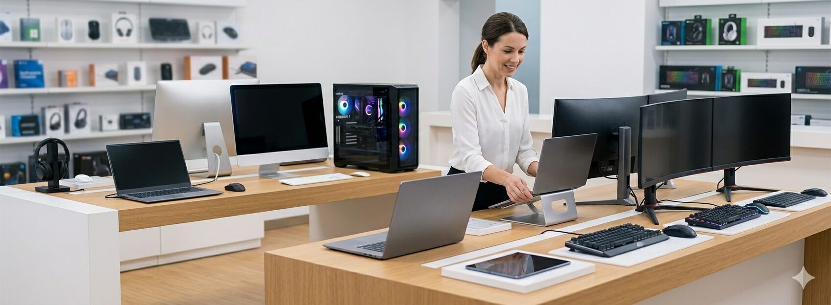 Vente de matériel et réparation informatique : conseillère Odtek présentant une gamme d'ordinateurs et périphériques en showroom.